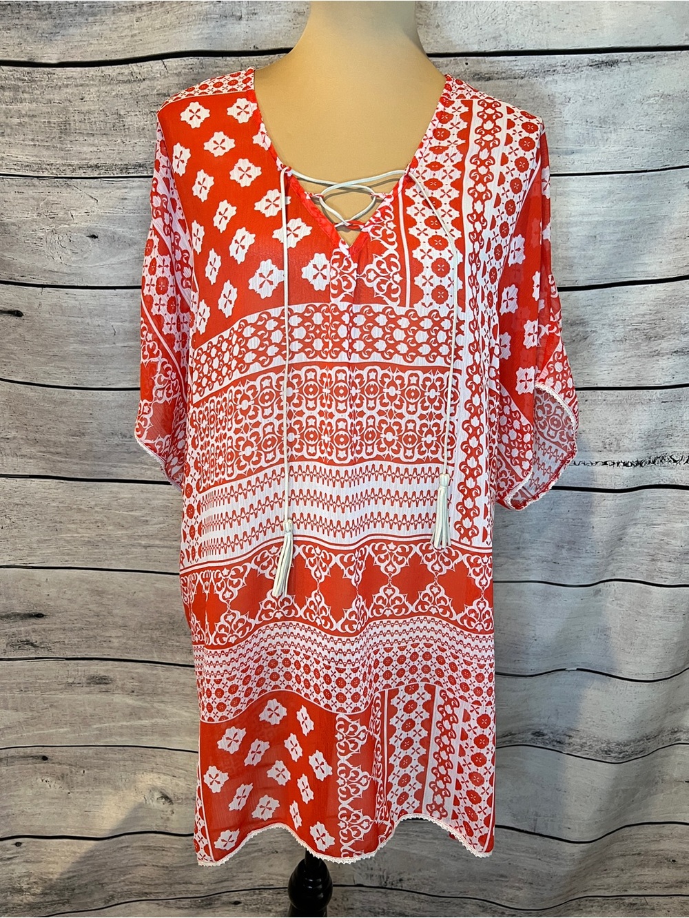 Democracy Orange & White Boho Floral Patterned Swim Coverup Tunic Sheer Light - Picture 2 of 8
